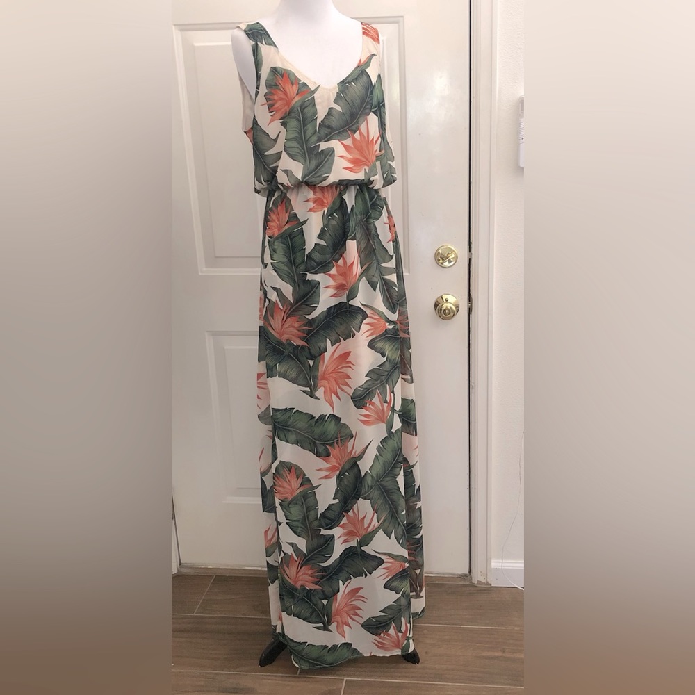 Tropical Leaf Print Maxi Dress - White with Green & Coral
